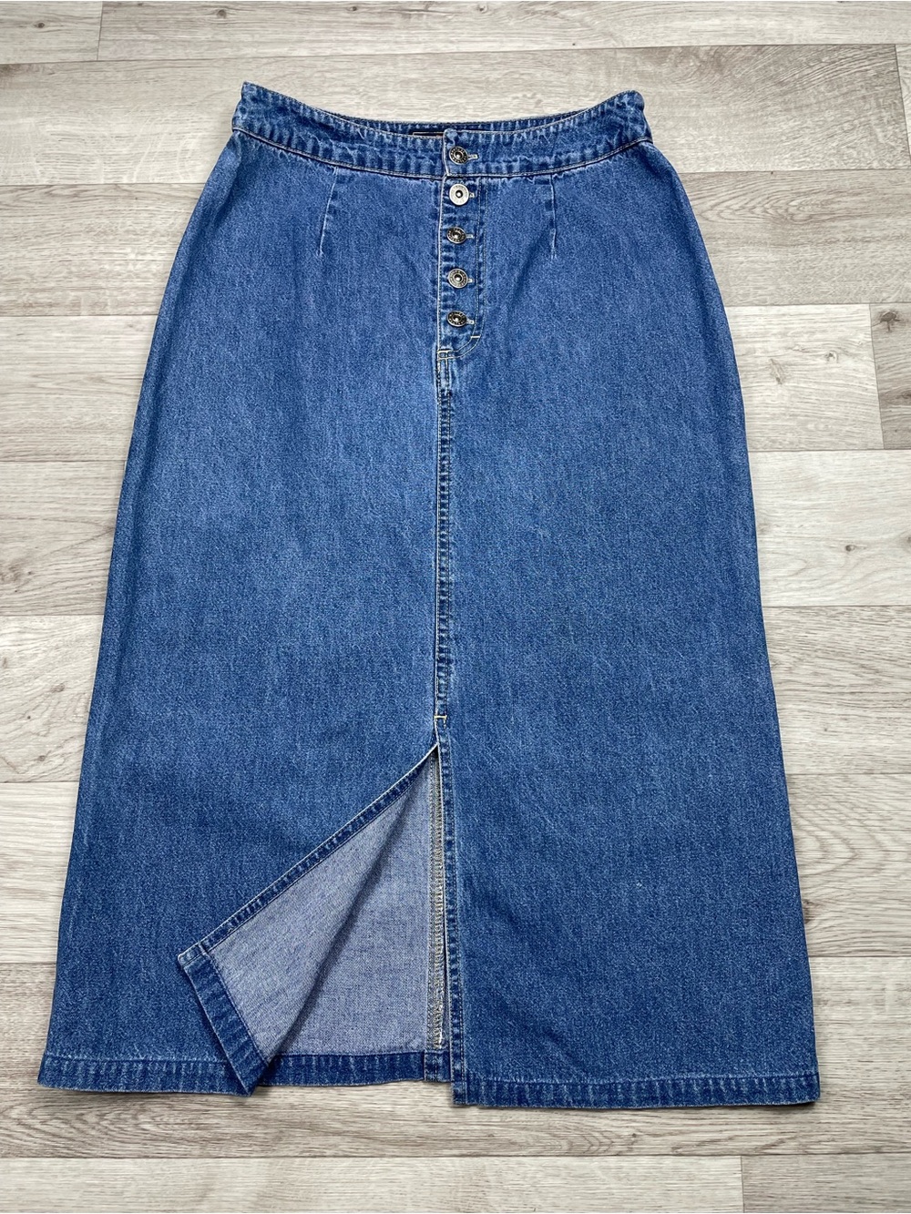 🔥 Vintage 90s Y2K Route 66 Blue Denim Midi Skirt Slit Front